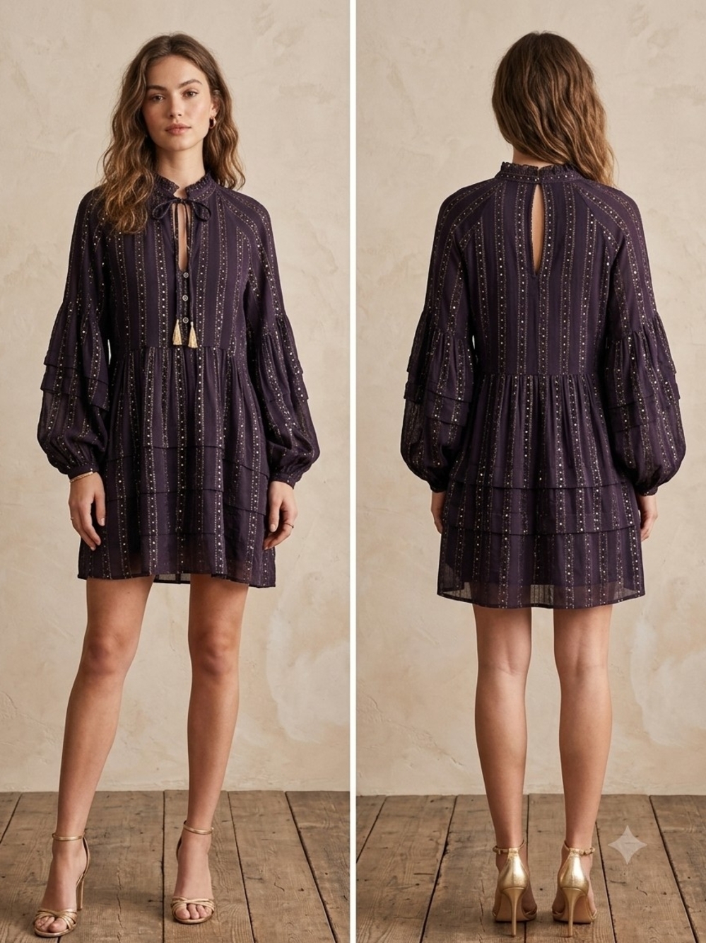 Anthropologie Black Tiered Mini Dress with Metallic Stripes